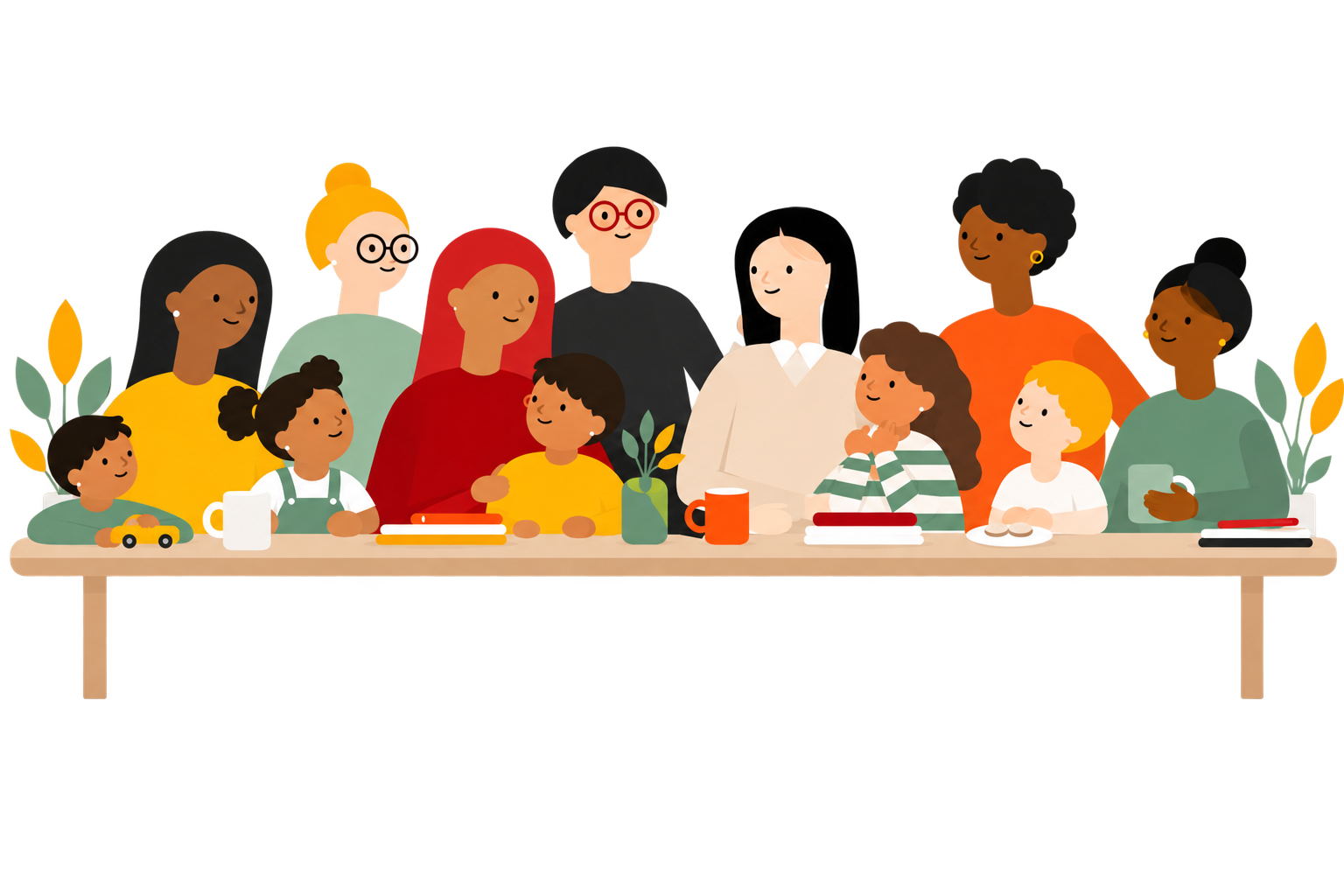 Illustration einer vielfältigen Gemeinschaft – Familien und Menschen jeden Alters an einem Tisch